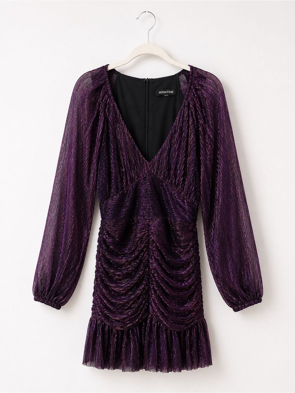 MINKPINK Shimmery Deep Purple Ruched V‑Neck Mini Dress